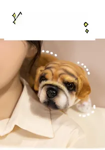 Lifelike pug plush toy with realistic glass eyes and wet-look nose on a person shoulder