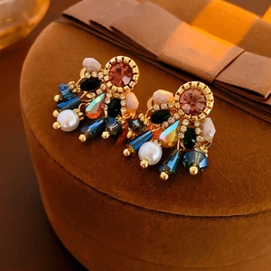 Retro Palace Style Tassel Drop Earrings Alloy Rhinestone Crystal Faux Artificial Pearl With Silver Earring Post For Women