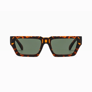 Detail shot of rectangular sunglasses with tortoiseshell frame and dark green lenses