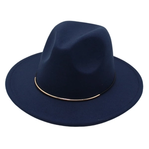 Chapeau fedora en feutre de laine bleu marine avec ruban métallique au style jazz classique