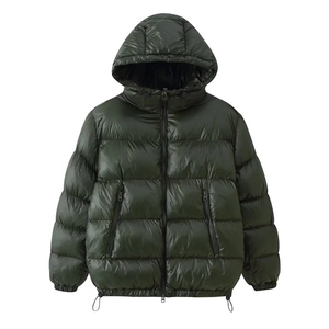 Short glossy olive green hooded puffer jacket with metallic zipper and side pockets