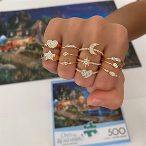 Brass Gold Plated Rhinestone Rings For Women INS Style Star Moon Heart Geometric Open Adjustable Fashion Finger Rings Jewelry