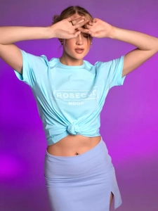 Blue cotton T-shirt set with Rosecco Mood print on purple gradient background
