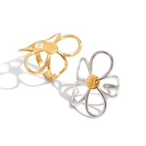 Two-tone gold and silver flower open ring with hollowed floral design and mirror finish