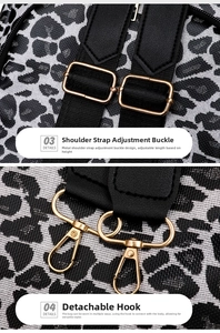 Close-up of golden metal adjustment buckles and detachable hooks on leopard backpack
