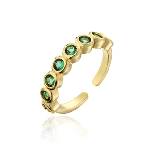 Detailed close-up of adjustable 18K gold-plated ring set with seven emerald green zircons