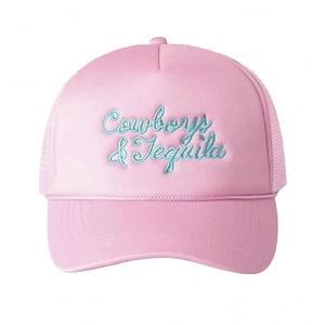 Cappellino trucker rosa con ricamo Cowboys & Tequila blu e pannelli in rete traspirante