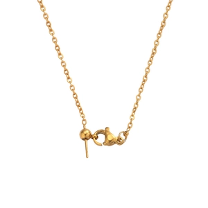 Detailed close-up of golden stainless steel necklace chain and lobster clasp on white