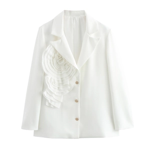 Women White Blazer Jacket With 3D Flower Decoration Slim Fit Lapel Single Breasted Polyester Elegant Office Workwear