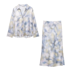 Women Satin Tie Dye Shirt And Long Skirt Elegant Abstract Print Long Sleeve Button Down Top Elegant Office Lady