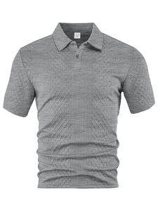 Close-up of gray men's polo shirt showing premium breathable jacquard geometric texture