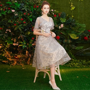 Silver grey lace V-neck evening dress with floral embroidery and ruffle shawl sleeves