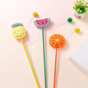 Cat teaser wand set featuring plush pineapple, watermelon, and orange fruit designs