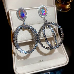 Boucles D'oreilles Pendantes Géométriques Vintage Avec Tige En Argent Sterling 925 Strass Irisé Créoles À Perles Double Rang Pour Femme