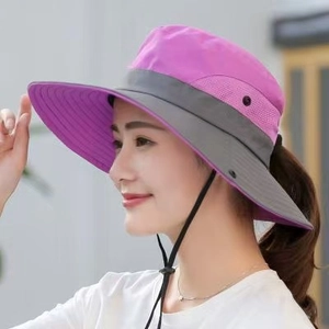 Outdoor wide brim sun hat for women with breathable mesh and adjustable wind rope