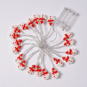 Detail of LED Christmas snowman string lights with frosted texture and battery box