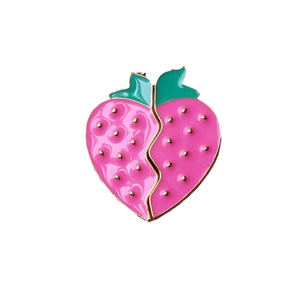 Magnetic strawberry heart pendant set with pink enamel and gold-plated alloy finish