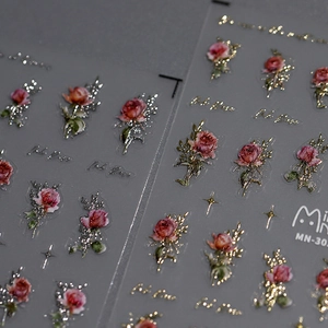 Retro oil painting style rose nail stickers with elegant gold and silver foil accents