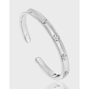 S925 Sterling Silver Starry Open Bangle For Women Matte Frosted Texture Zirconia Inlaid Adjustable Fashion Jewelry Gift