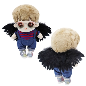 Front and back view of 20cm plush doll wearing overalls and black feather wings