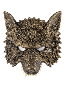 Macro detail of 3D wolf mask showing metallic bronze texture and realistic fur patterns