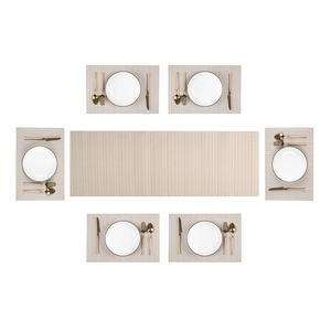 Detailed top view of light beige woven table runner and placemat set with PVC bamboo texture
