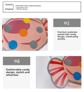 Détail du sac rose pour fille en forme de bonbon avec pois colorés et paillettes