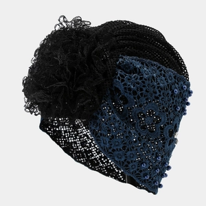 Spitzen Turban Hut mit großer Seitenblume und Perlen für Damen, atmungsaktiver Stil