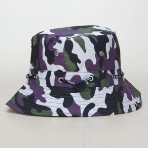 Detail of camouflage sun hat featuring metal eyelets and adjustable SPORT logo drawstring