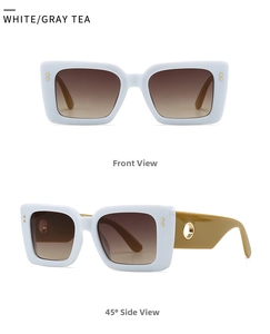 Detailed views of white square sunglasses with mustard yellow arms and gold metal accents