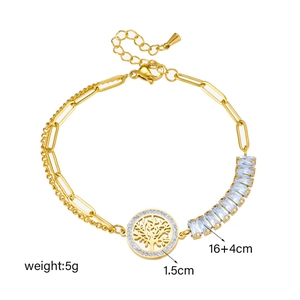 Golden Tree of Life titanium steel chain bracelet with baguette zircon and round charm