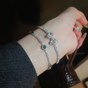 French style zircon bow bracelet and emerald green gemstone bangle for women