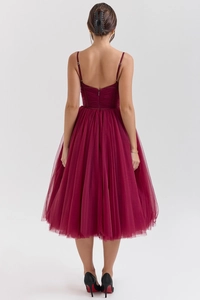 Detailed back view of wine red multi-layer mesh tulle dress with sexy backless design