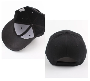 Detail of classic black baseball cap interior sweatband and adjustable back strap buckle