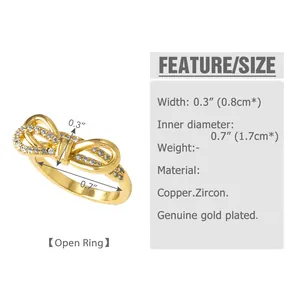 Size chart showing width and inner diameter of gold plated bow heart open ring