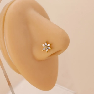 Elegant gold flower nose stud with marquise zircon stones on realistic nose model