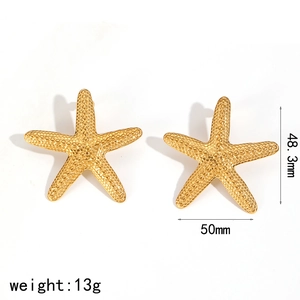 Detailed view of gold starfish earrings with dimensions 48.3mm by 50mm and 13g weight
