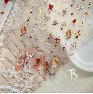 Detailed TL-406 3D nail art stickers with baroque gold angels and red heart designs