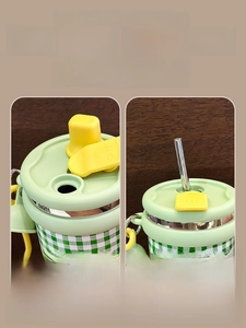 Detail of dual-drinking lid with green plaid pattern and straw on stainless steel tumbler