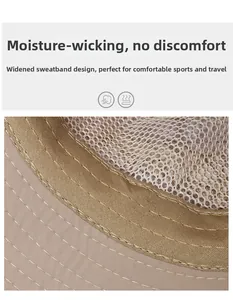 Detail showing the widened moisture-wicking sweatband inside the khaki outdoor sun hat