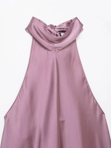 Detail of dusty pink satin halter neck top with pleated collar and silky texture