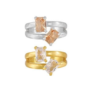 S925 sterling silver hollow double layer open rings with rectangular zircons set of 2