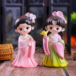 Ancient Chinese lady figurines in elegant Hanfu attire for tabletop decor