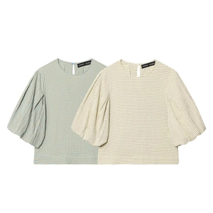 Damen Gingham Kariertes Oberteil Seersucker Verpuffte Kurze Ärmel Rundhalsausschnitt Lässige Street Bluse