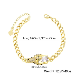 Macro shot of gold leopard head link bracelet with cubic zirconia and dimensions data