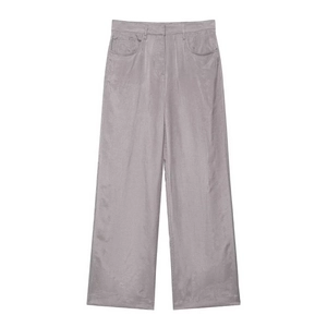 Women's grey high-waisted suede wide-leg trousers in a flat lay professional product view