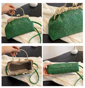 Detailed views of a green embossed shell bag with gold hardware and floral patterns