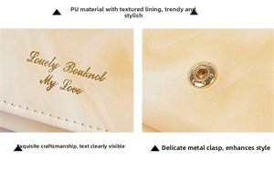Macro detail of beige marble pattern PU leather with gold clasp and text engraving