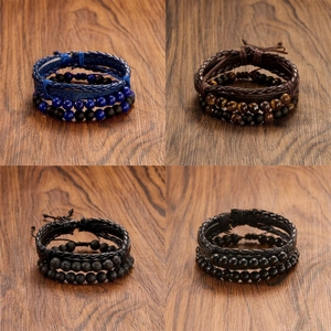 Men Retro Multilayer Woven Leather Bracelet Set Natural Tiger Eye Lava Stone Cross Pendant Beaded Hand Rope Adjustable Jewelry