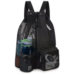 Zaino nero a coulisse in rete con scomparto per scarpe e tasca laterale per fitness e mare
